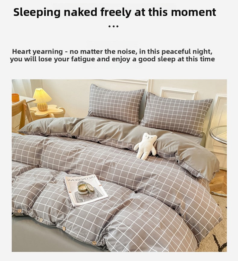 Washed Cotton 4 Piece Summer Bedding Set - Breathable Japanese Style Duvet Cover Set with Button Closure