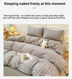 Washed Cotton 4 Piece Summer Bedding Set - Breathable Japanese Style Duvet Cover Set with Button Closure