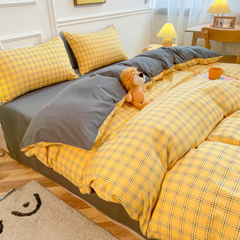 Washed Cotton 4 Piece Summer Bedding Set - Breathable Japanese Style Duvet Cover Set with Button Closure