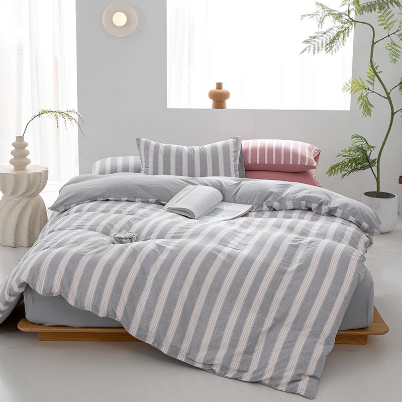 Wide Striped Washed Cotton Bedding Set - Soft Breathable Comfort Set