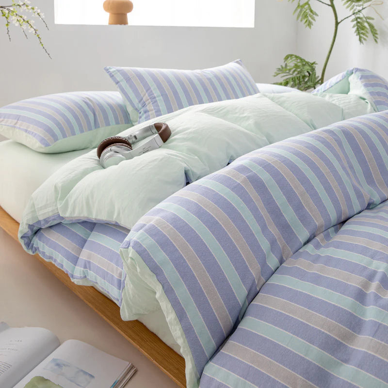 Wide Striped Washed Cotton Bedding Set - Soft Breathable Comfort Set