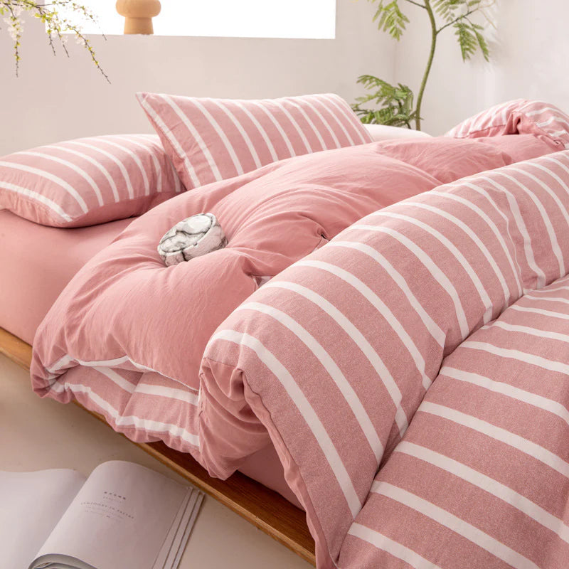 Wide Striped Washed Cotton Bedding Set - Soft Breathable Comfort Set